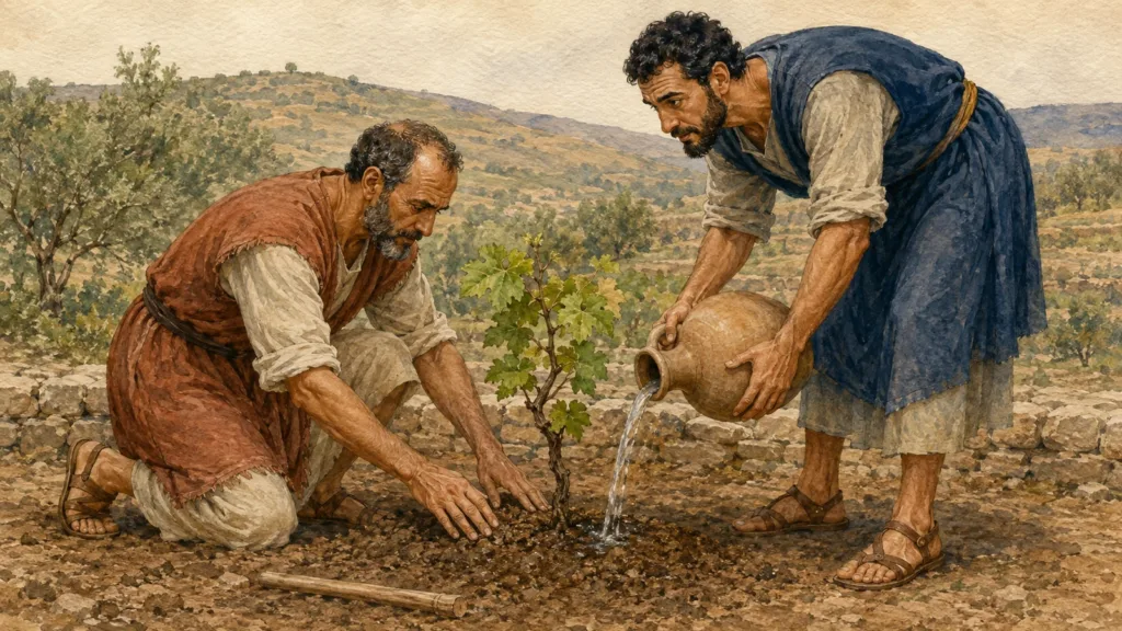 Paul tends the soil while Apollos waters one young vine in the image of 1 Corinthians 3