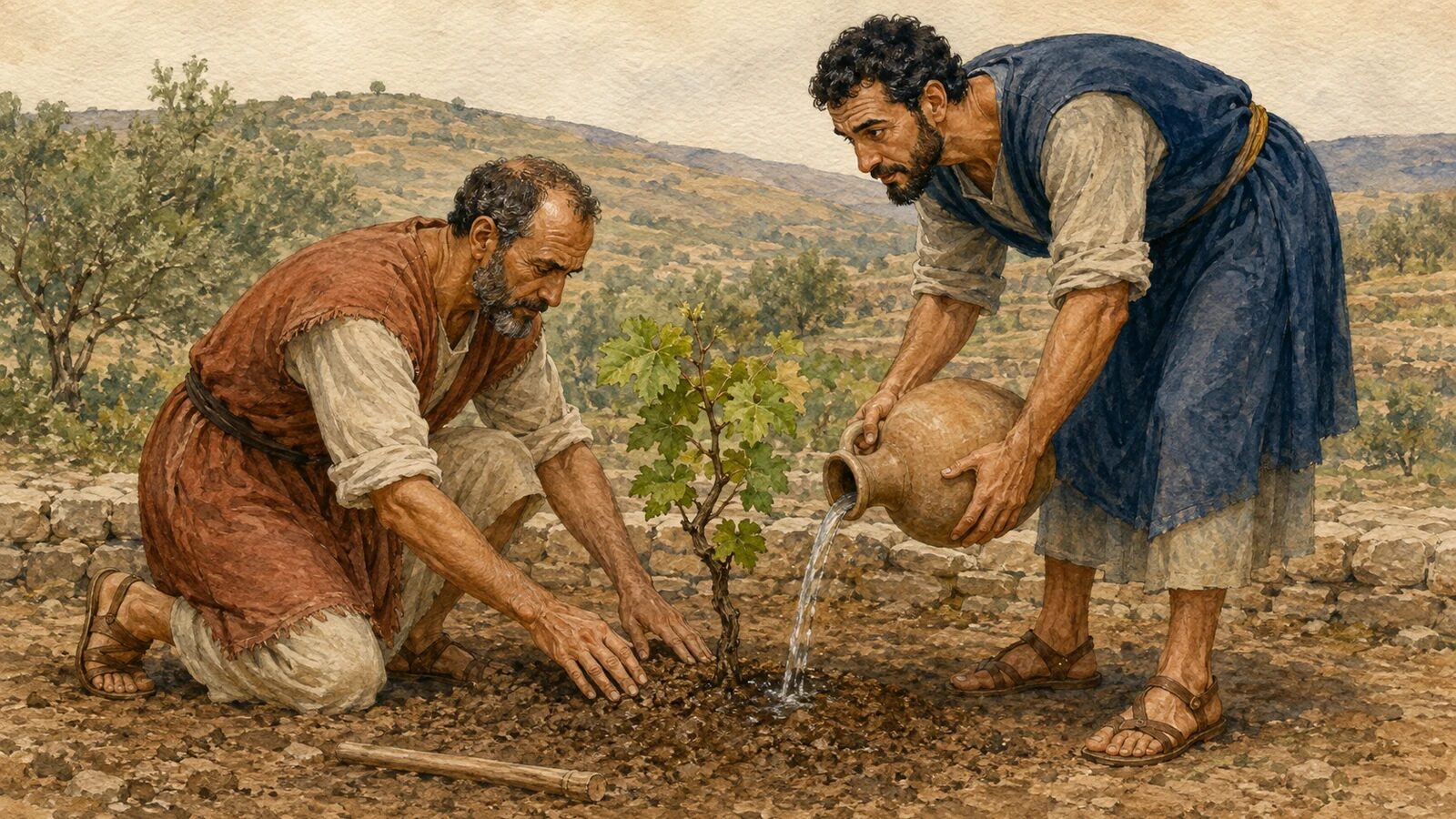 Paul plants and Apollos waters Paul tends the soil while Apollos waters one young vine in the image of 1 Corinthians 3