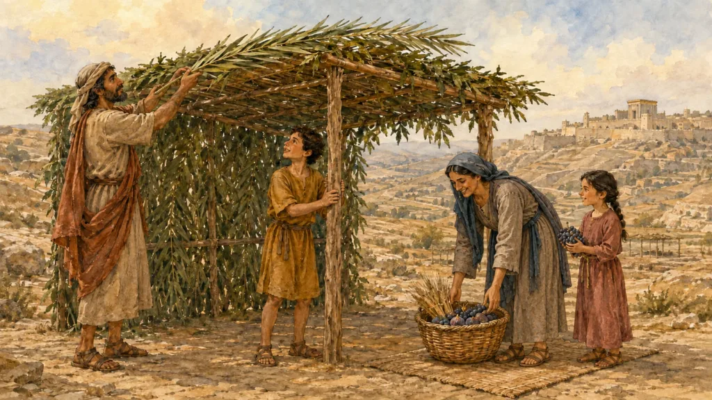 Israelite family completing a leafy booth for the Feast of Tabernacles