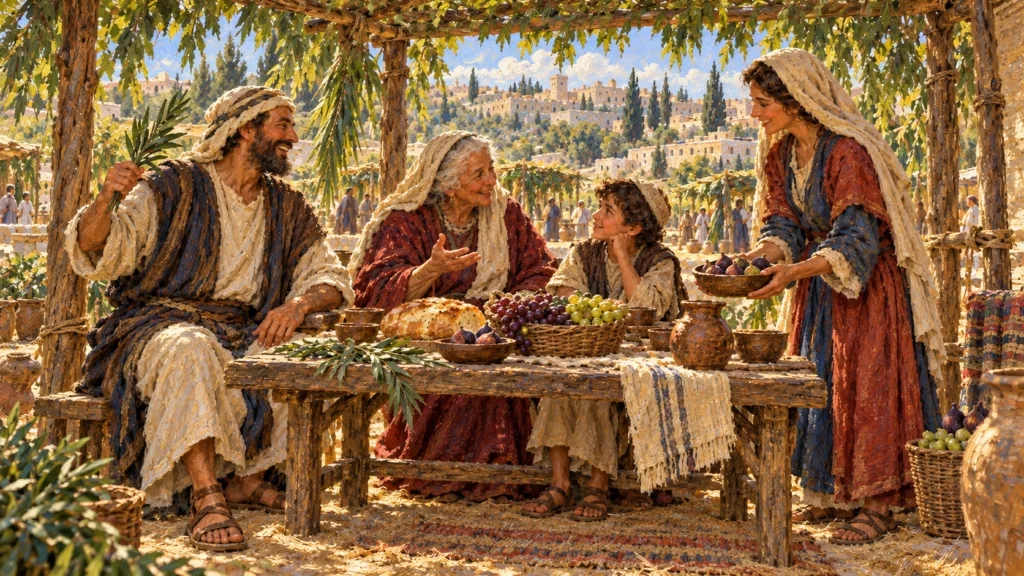 Classical oil painting of an Israelite family sharing harvest food beneath a leafy booth during the Feast of Tabernacles.