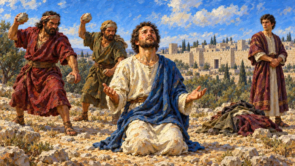 Classical oil painting of Stephen kneeling in prayer for his attackers outside Jerusalem while young Saul guards their cloaks.