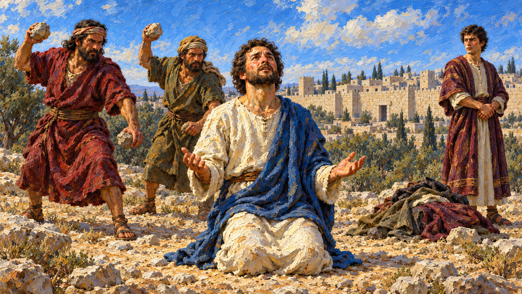 Stephen prays for his attackers Classical oil painting of Stephen kneeling in prayer for his attackers outside Jerusalem while young Saul guards their cloaks.