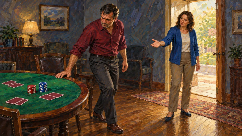 Classical oil painting of a troubled man leaving a gambling table as a concerned companion offers her hand.