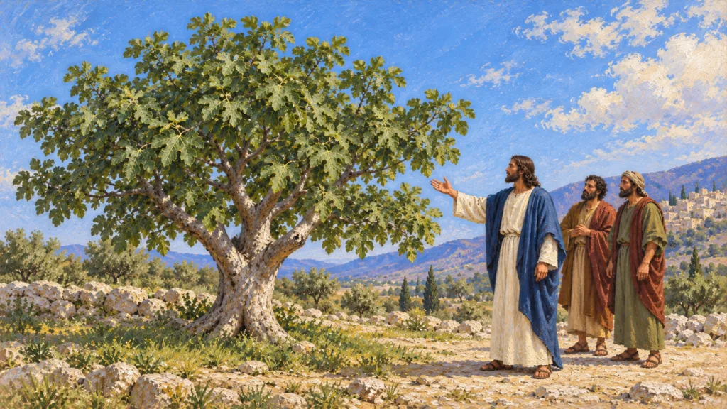 Classical oil painting of Jesus addressing a leafy but fruitless fig tree as two disciples listen.