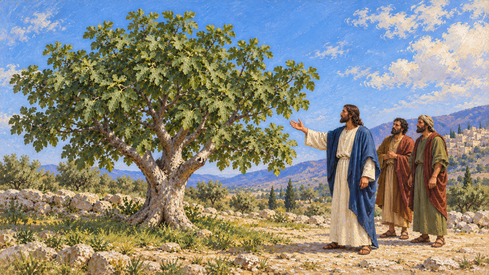 Classical oil painting of Jesus addressing a leafy but fruitless fig tree as two disciples listen.