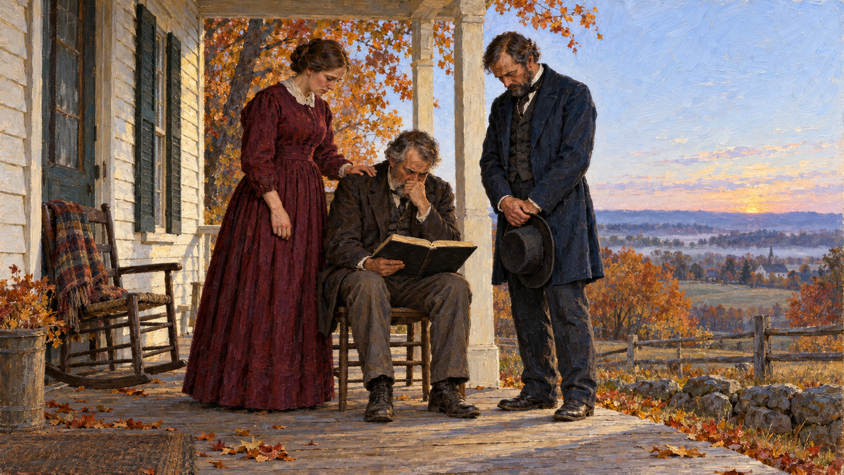Believers reexamine Scripture after disappointed expectation Classical oil painting of nineteenth-century Millerite believers grieving disappointed expectations and returning to Scripture.