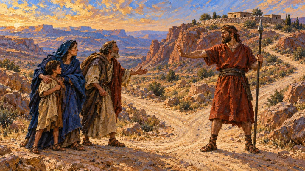 Classical oil painting of an Edomite blocking Judean fugitives at a rocky crossroads.