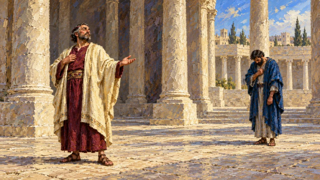 Classical oil painting of the proud Pharisee praying while a tax collector stands far off with bowed head and hand against his breast.