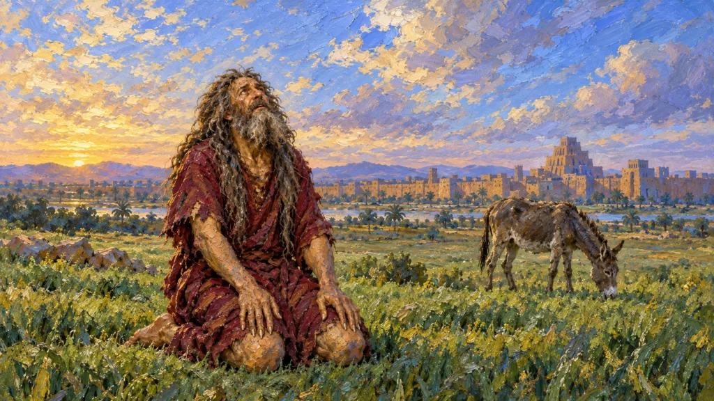 Classical oil painting of humbled Nebuchadnezzar raising his eyes to heaven in a field outside Babylon.