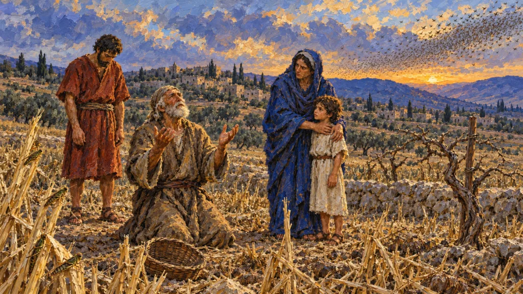 Classical oil painting of a Judean family praying beside a locust-stripped field and bare vine.