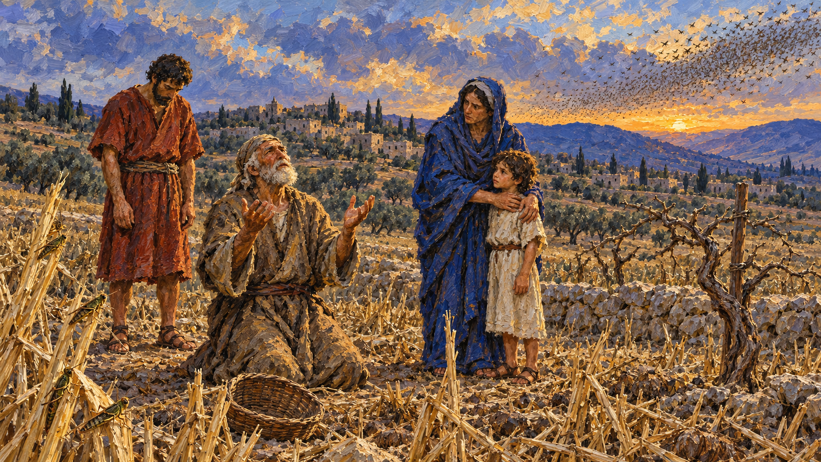 Joel – lament after the locusts oil painting Classical oil painting of a Judean family praying beside a locust-stripped field and bare vine.