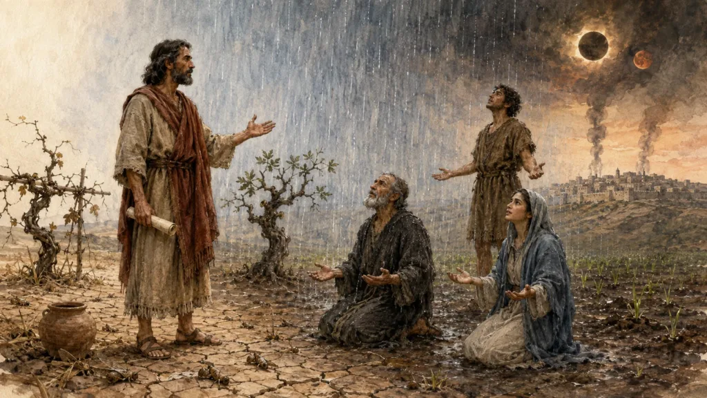 Joel calls Judah to repentance as rain falls and the Day of the Lord appears over Zion