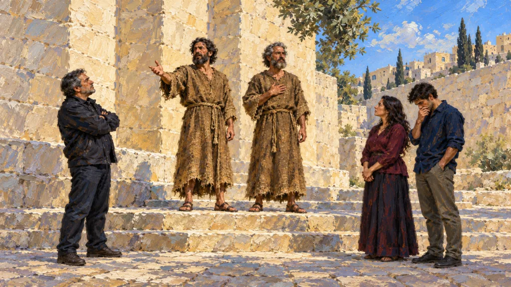 Classical oil painting of two witnesses in sackcloth proclaiming their message to listeners in Jerusalem.
