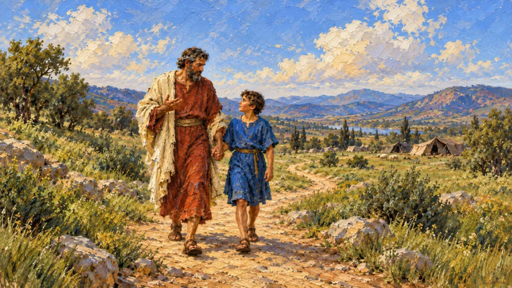 Classical oil painting illustrating Enoch walking with his young son and teaching him in a pastoral landscape.