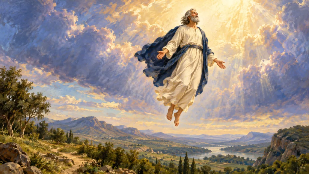 Classical oil painting of Enoch being taken alive into heaven, rising toward heavenly light above an ancient landscape.