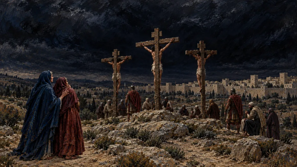 Classical oil painting of three crosses above a darkened land with mourning women watching from nearby.