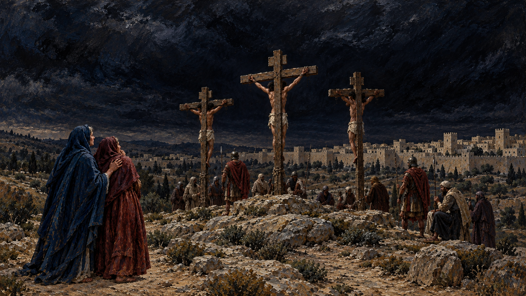 Classical oil painting of three crosses above a darkened land with mourning women watching from nearby.
