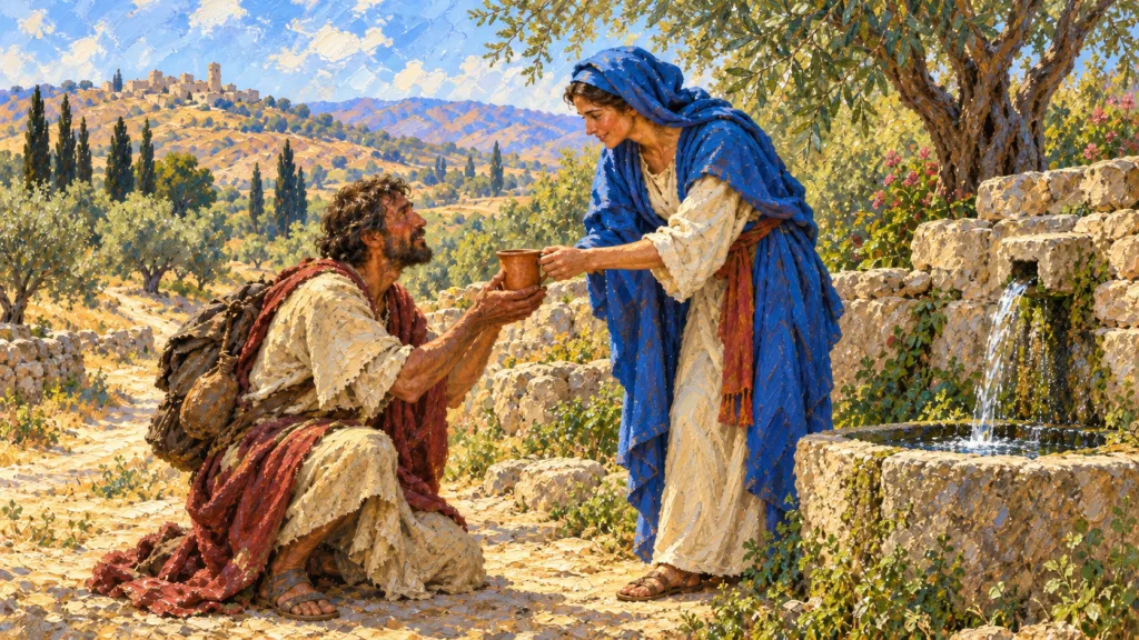 Classical oil painting of a woman freely offering water to a grateful weary traveler beside a stone spring.