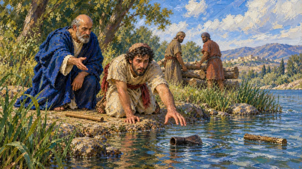 Classical oil painting of a borrower reaching for an iron axe head floating in the Jordan while Elisha watches.