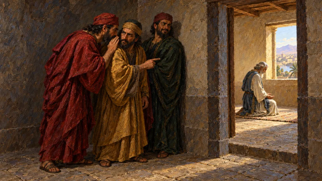 Classical oil painting of three officials whispering and watching elderly Daniel pray beside an open window.