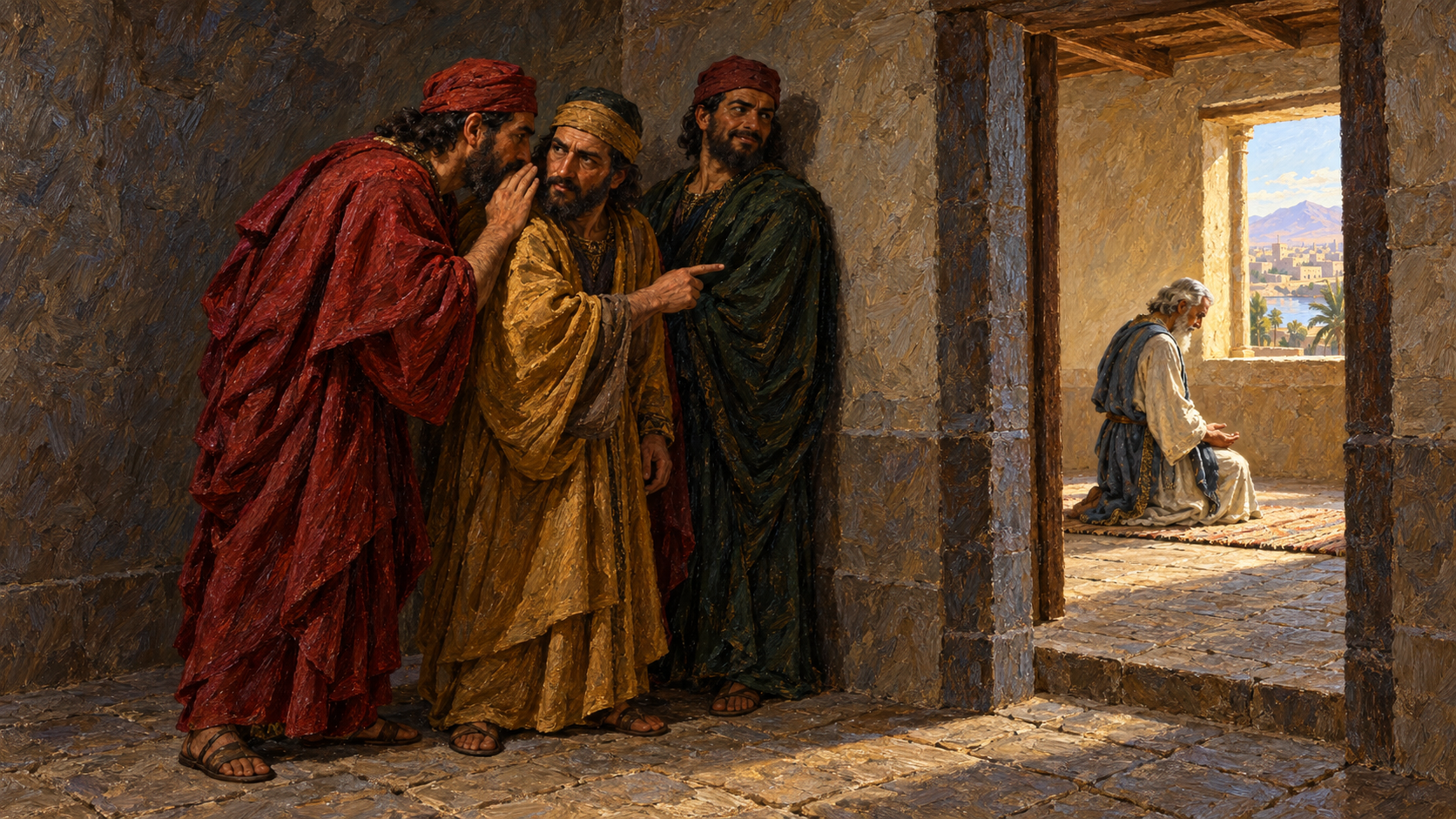 Officials scheme against Daniel Classical oil painting of three officials whispering and watching elderly Daniel pray beside an open window.