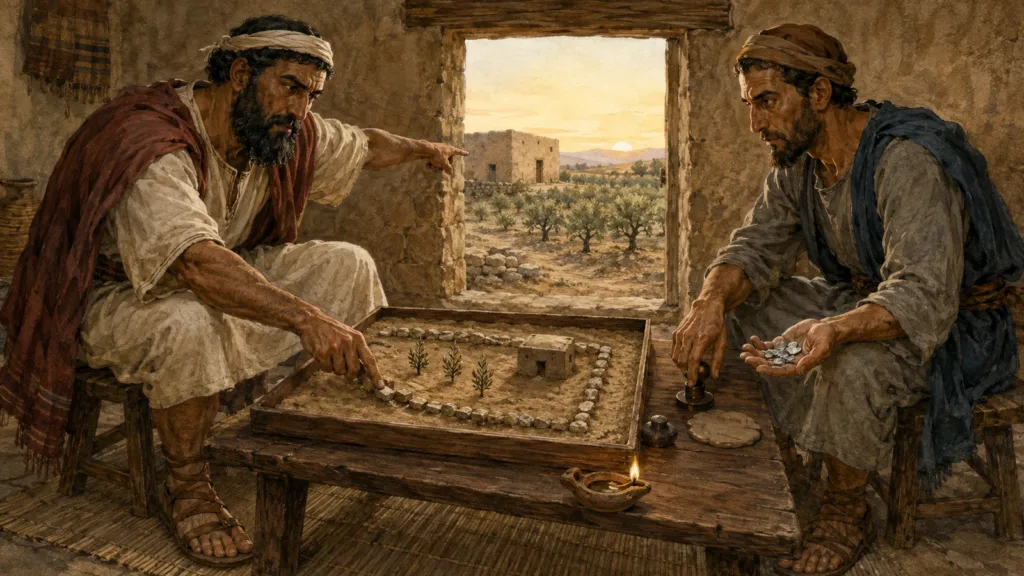 Two men devise a sinful land seizure by moving a boundary stone, exchanging silver, and sealing the scheme