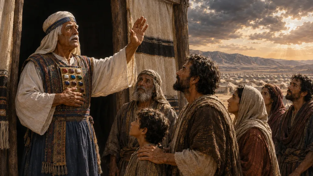 Aaron raises his hand and speaks the priestly blessing over an Israelite family before the tabernacle