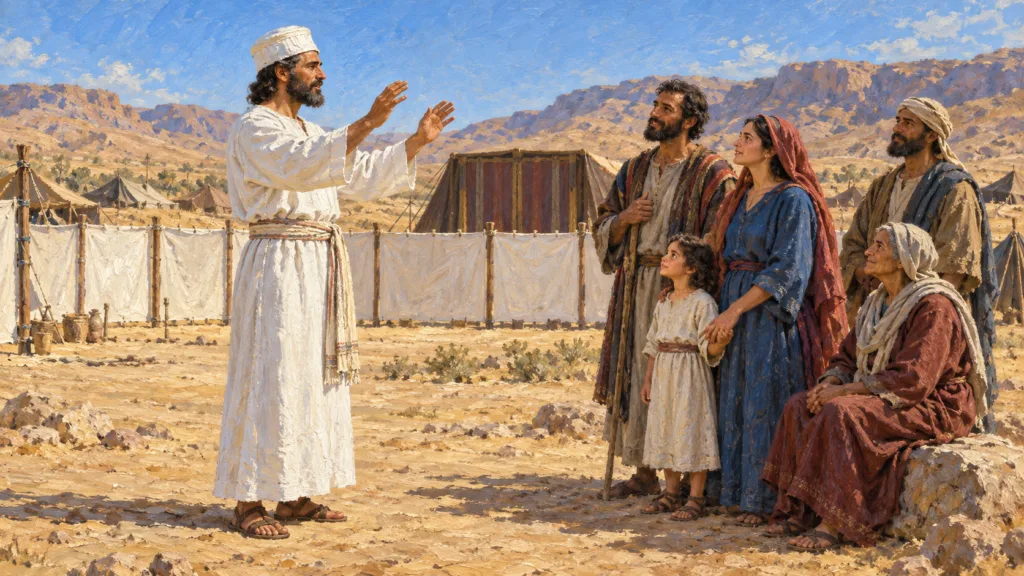 Classical oil painting of a linen-clad Aaronic priest blessing an Israelite family near the wilderness tabernacle.