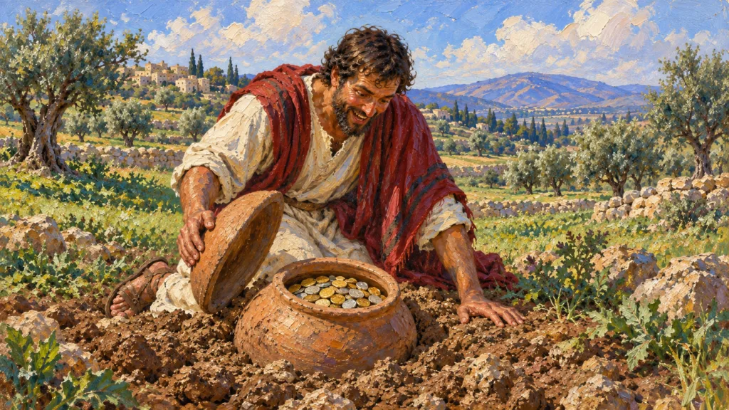 Classical oil painting of a joyful man uncovering a buried pot of treasure in a field.