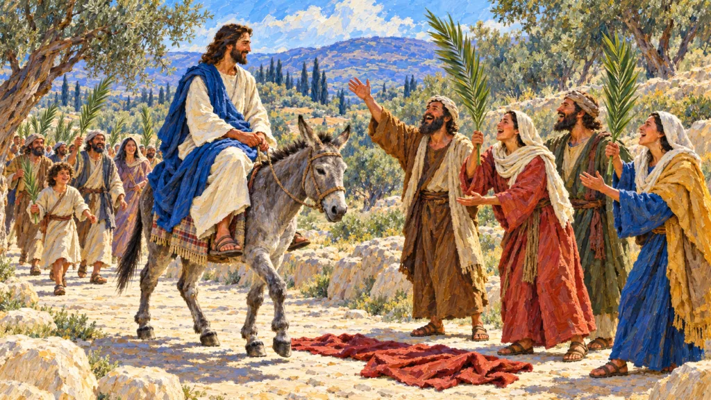 Classical oil painting of palm-bearing pilgrims joyfully welcoming Jesus as He rides a young donkey toward Jerusalem.