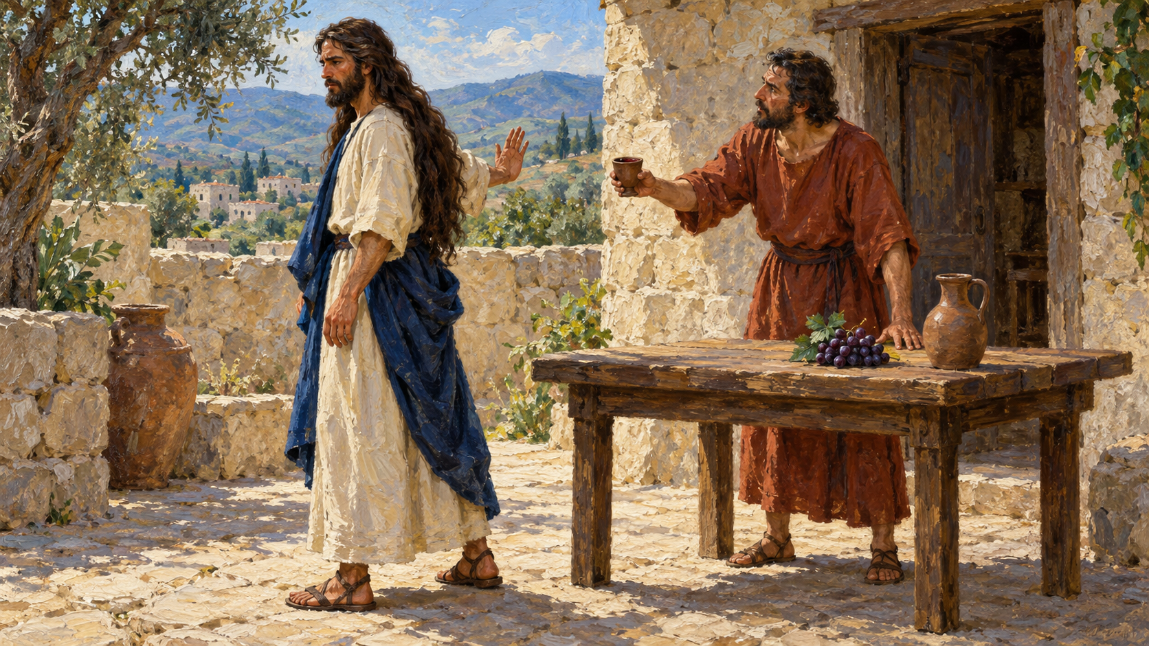 Classical oil painting of a long-haired Nazirite declining an offered cup of wine beside untouched grapes.
