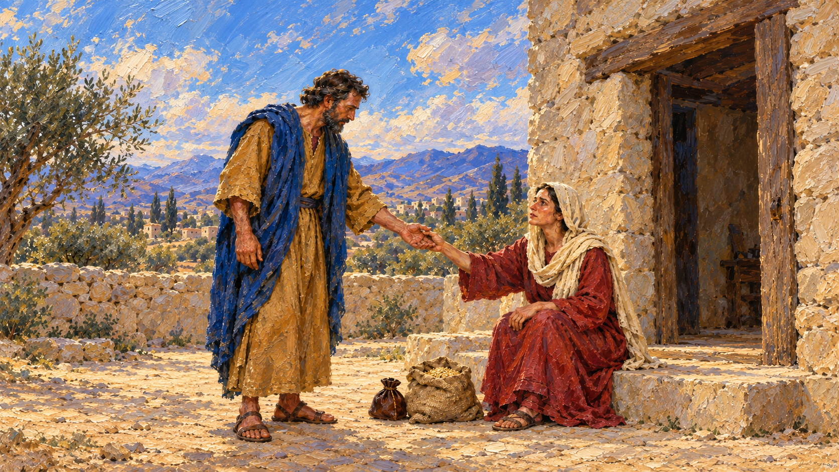 Classical oil painting of Hosea offering a compassionate hand to a seated woman beside barley and a closed purse.