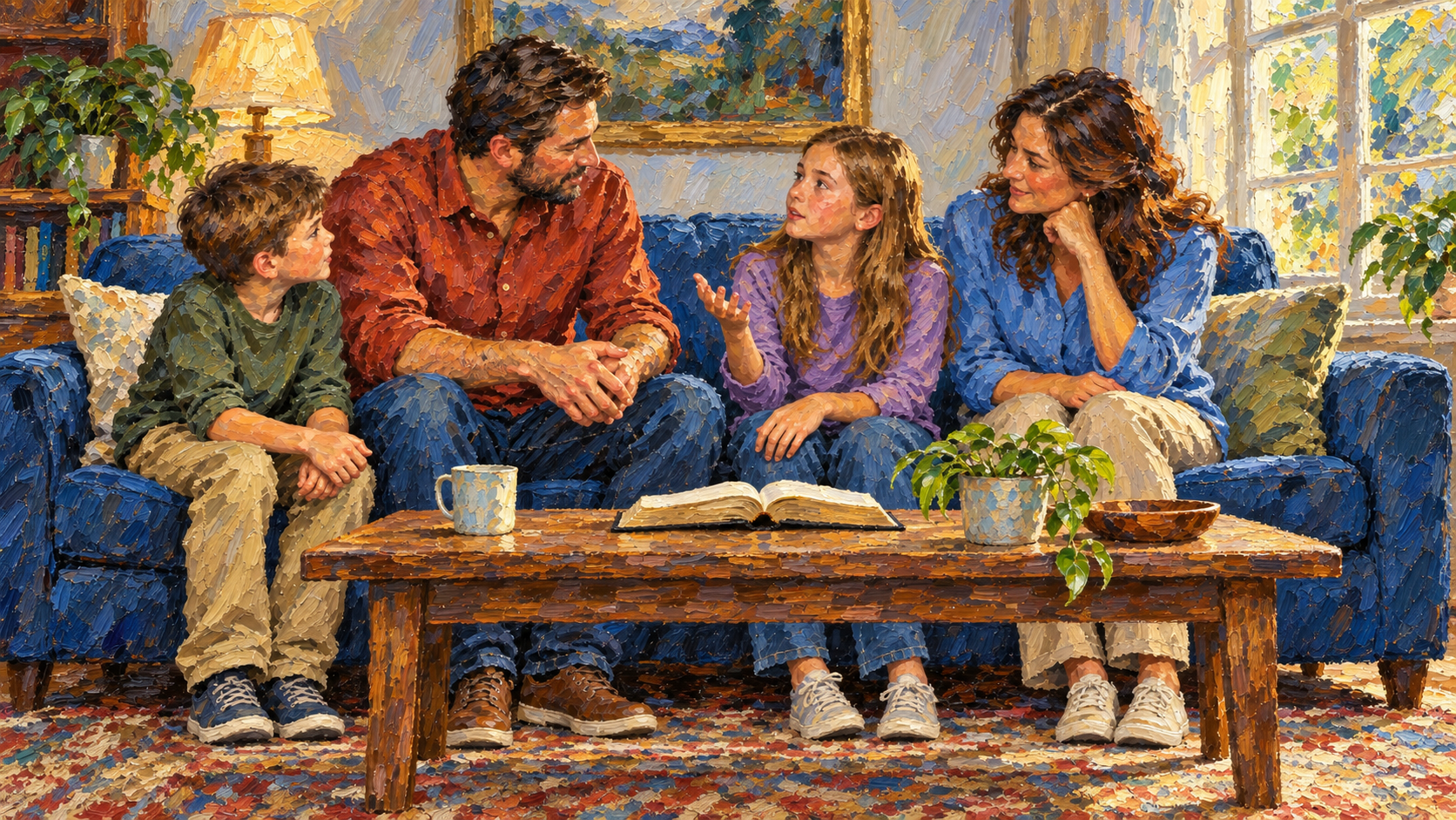 Classical oil painting of a father listening to his daughter during Bible discussion with his wife and son.
