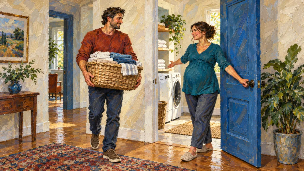 Classical oil painting of a husband carrying a laundry basket while his pregnant wife holds the door.