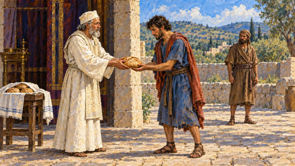 Classical oil painting of Ahimelech giving bread to David while Doeg watches.