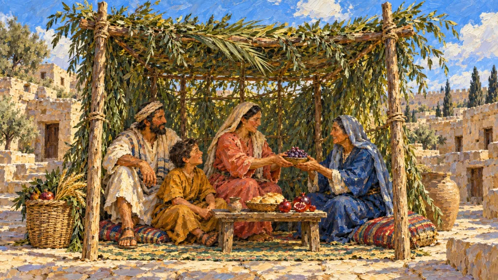 Classical oil painting of a Jewish family sharing harvest food beneath a leafy booth during the Feast of Tabernacles.