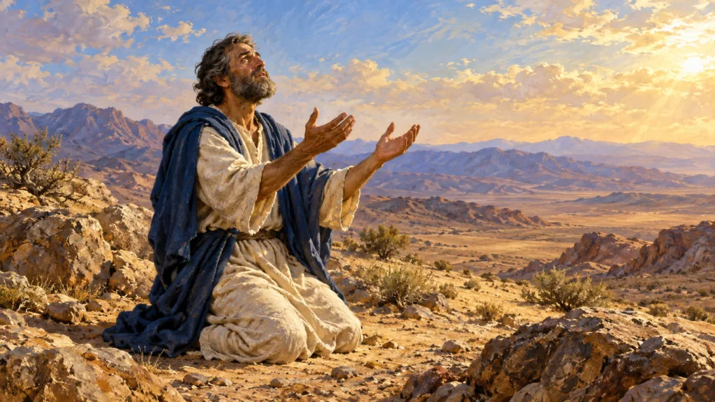 Classical oil painting of an Old Testament man kneeling in the desert with open hands lifted toward the Lord in patient prayer.