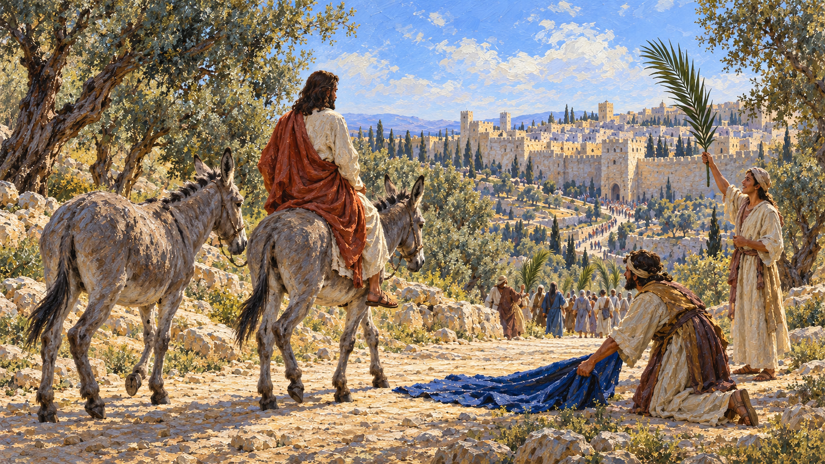 Jesus rides a colt toward Jerusalem Classical oil painting of Jesus riding a donkey colt toward Jerusalem as people spread garments and welcome Him.