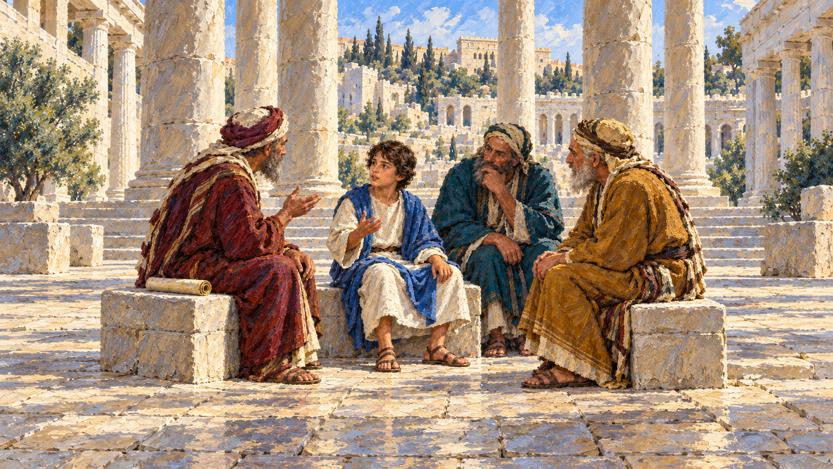 Classical oil painting of twelve-year-old Jesus discussing Scripture with attentive teachers in the Jerusalem temple.