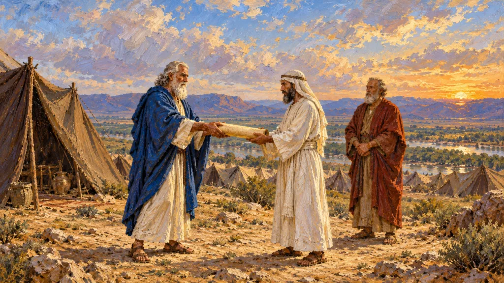 Classical oil painting of Moses entrusting the written Law to a priest while an elder watches in the Israelite camp.