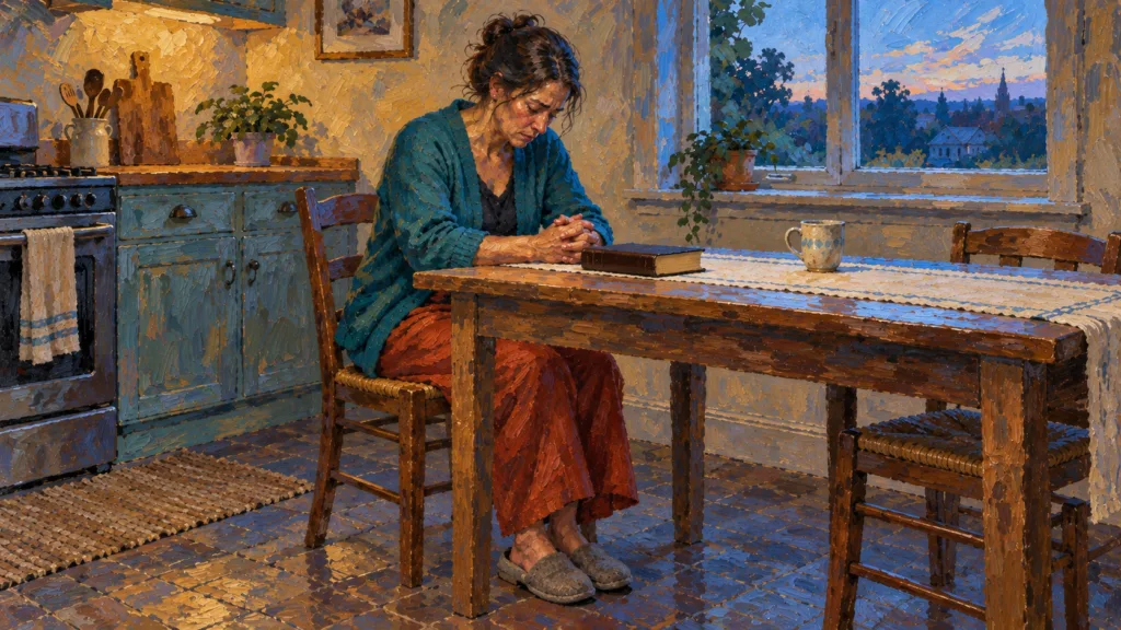 Classical oil painting of a weary believer praying at her kitchen table beside a closed Bible.