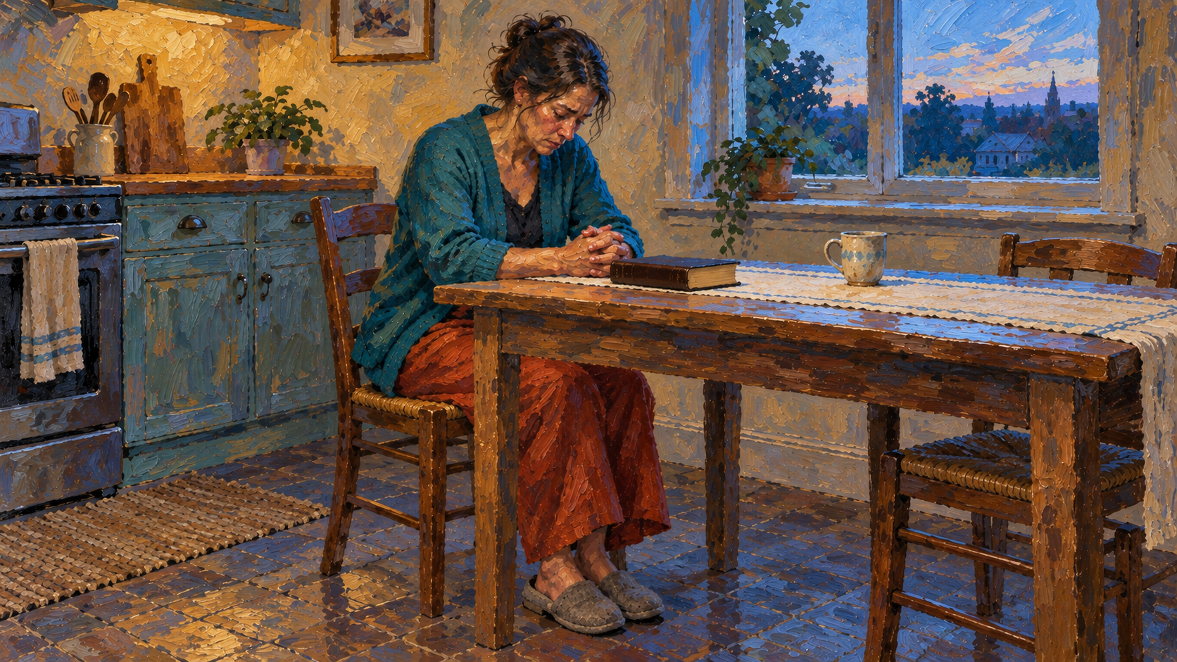 Classical oil painting of a weary believer praying at her kitchen table beside a closed Bible.