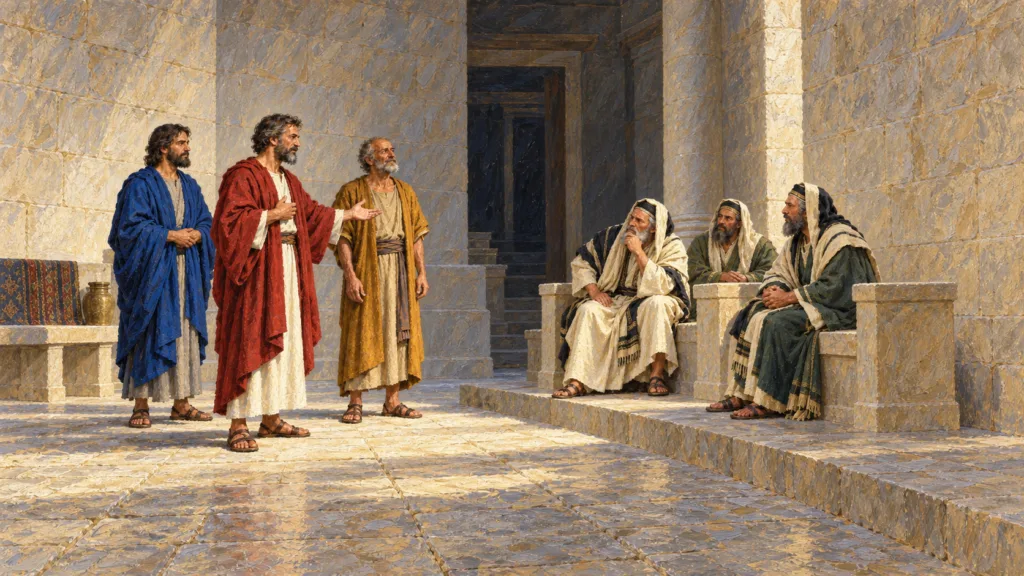 Peter answers the Jerusalem council with John and the healed man standing beside him, in classical oil paint