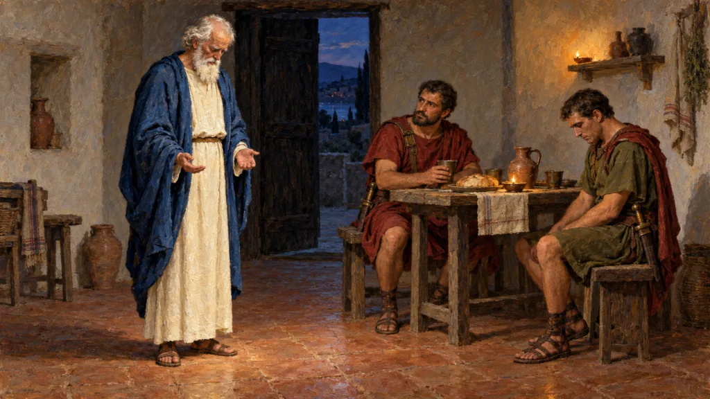 Oil painting of elderly Polycarp praying while arresting officers wait beside a meal, as reported in the ancient martyrdom account