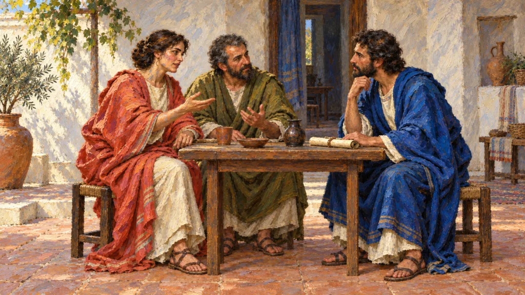 Classical oil painting of Priscilla and Aquila privately explaining the way of God more accurately to Apollos