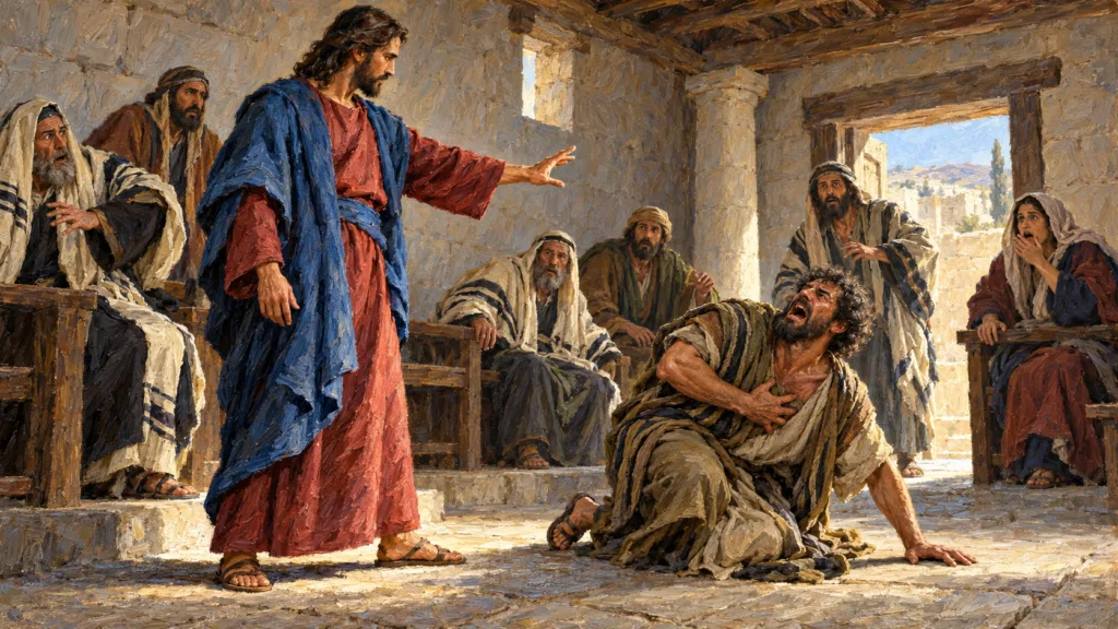 Classical oil painting of Jesus commanding an unclean spirit to leave a man in the Capernaum synagogue
