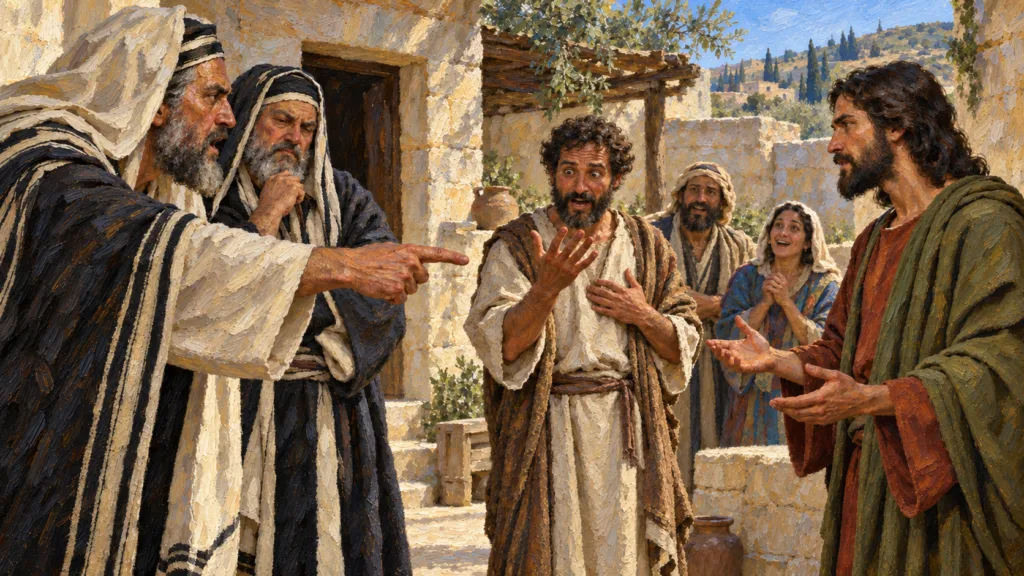 Classical oil painting of Pharisees accusing Jesus while the healed man sees and speaks