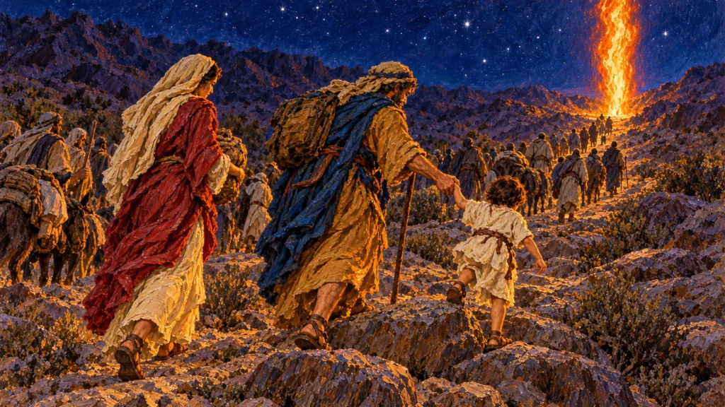 Classical oil painting of an Israelite family continuing through the wilderness toward the pillar of fire