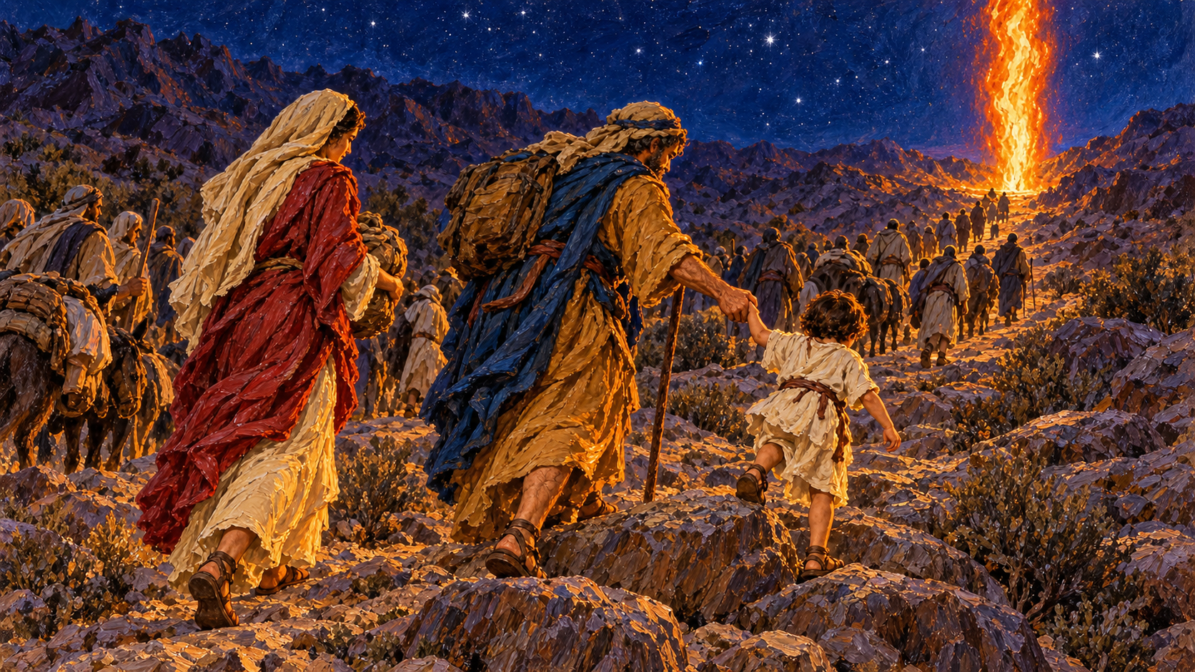 Classical oil painting of an Israelite family continuing through the wilderness toward the pillar of fire