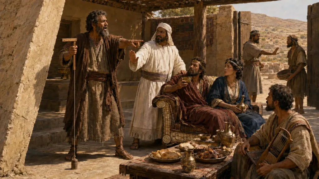 Amos holds a plumb line before comfortable Israelites at a feast in Bethel